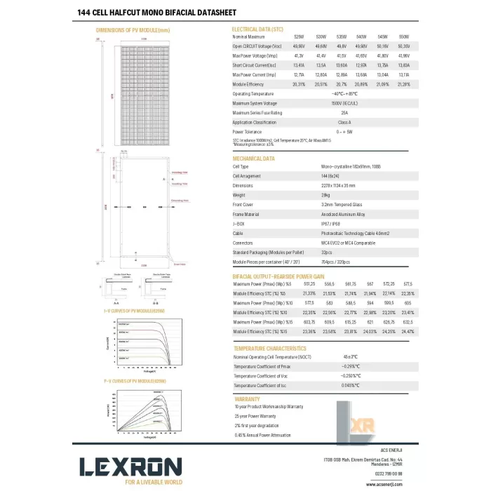 Lexron 625W 10bb Bifacial Half Cut Monokristal Güneş Paneli