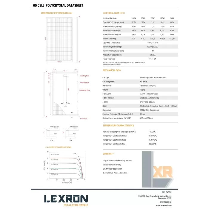 Lexron 295W Polikristal Güneş Paneli