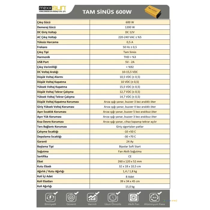 Mexxsun 12V 600W Tam sinüs inverter