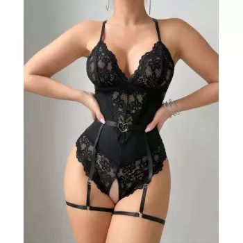 Kadın Siyah Dantel Jartiyerli Bodysuit Gecelik - Kemer Detaylı