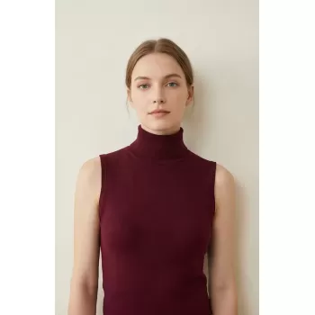 Kadın Bordo Kolsuz Balıkçı Yaka Basic Bluz