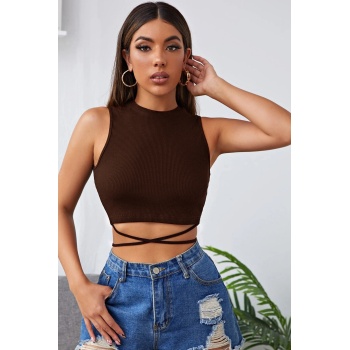 Kadın Kahverengi Çapraz Bağlamalı Crop Top Büstiyer – Modern ve Şık Tasarım