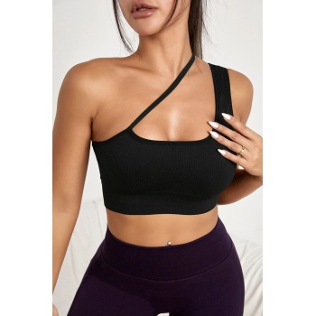 Kadın Siyah Tek Omuzlu Çapraz Askılı Crop Top Büstiyer – Modern ve Şık Tasarım