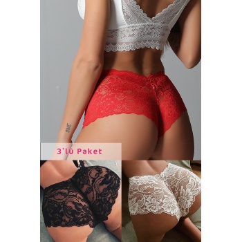 Kadın Siyah Beyaz Kırmızı 3lü Paket Dantel Tanga Şort Külot – Modern ve Şık Tasarım
