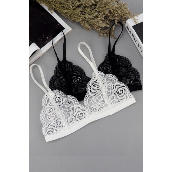 Kadın Siyah ve Beyaz Dantelli Dolgusuz Sütyen – Modern ve Şık Tasarım