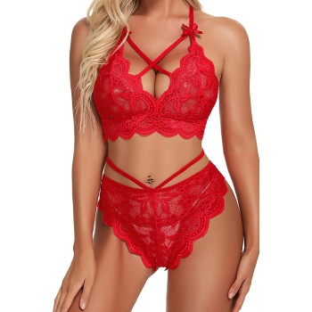 Kırmızı Çapraz Ip Detaylı Şık Sütyen Külot Takım