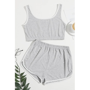 Kadın Gri Askılı Crop Top ve Şortlu Gecelik Takım