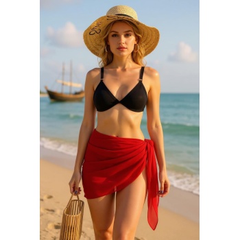 Kadın Kırmızı Transparan Belden Bağlamalı Pareo – Modern ve Şık Tasarım