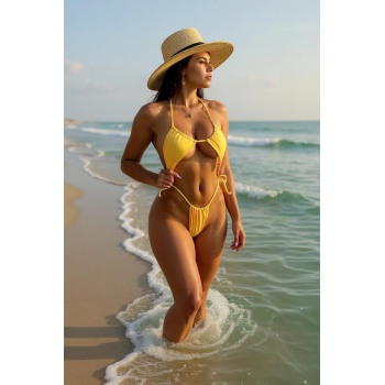 Kadın Sarı Yandan Bağlamalı Tangalı Üçgen Bikini Mayo Takımı – Modern, Konforlu ve Günlük Kombinlere Uygun