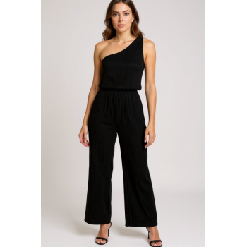 Kadın Siyah Tek Omuzlu Şık Bluz & Geniş Paça Pantolon İkili Takım – Modern, Konforlu ve Günlük Kombinlere Uygun