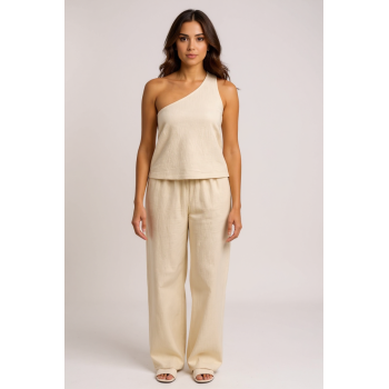 Kadın Beyaz Tek Omuzlu Şık Bluz & Geniş Paça Pantolon İkili Takım