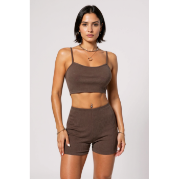 Kadın Kahverengi Şortlu Kaşkorse Gecelik Takım – Modern, Konforlu ve Günlük Kombinlere Uygun
