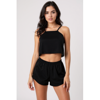 Kadın Siyah Arkası Komple Dantel Şortlu Gecelik Takım