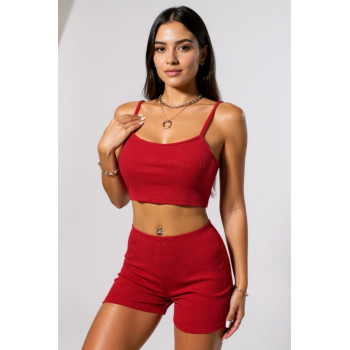 Kadın Kırmızı Şortlu Kaşkorse Gecelik Takım – Modern, Konforlu ve Günlük Kombinlere Uygun