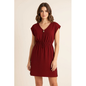 Kadın Bordo Yanları Yırtmaçlı Tokalı V Yaka Mini Plaj Elbisesi