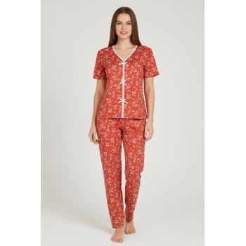 Kadın Turuncu Kalp Desenli Fiyonklu Kısa Kollu Uzun Pijama Takımı