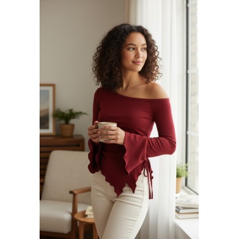 Kadın Bordo Uzun İspanyol Kollu Asimetirik Yaka Yandan Bağlamalı Drapeli Bluz
