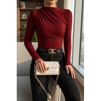 Kadın Bordo Belden ve Boyundan Büzgü Detaylı Uzun Kollu Bluz