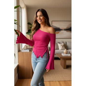 Kadın Fuşya Uzun İspanyol Kollu Asimetirik Yaka Yandan Bağlamalı Drapeli Bluz