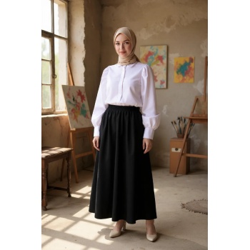 Kadın Siyah Double Kumaş Beli Lastikli Cepli Etek