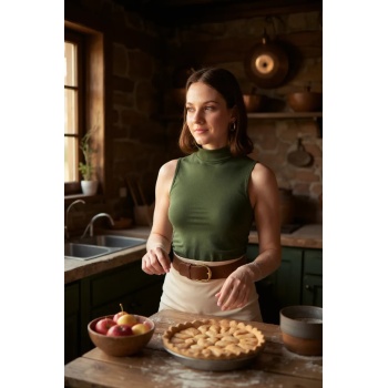 Kadın Haki Yeşili Kolsuz Balıkçı Yaka Basic Bluz