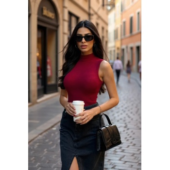 Kadın Bordo Kolsuz Balıkçı Yaka Basic Bluz