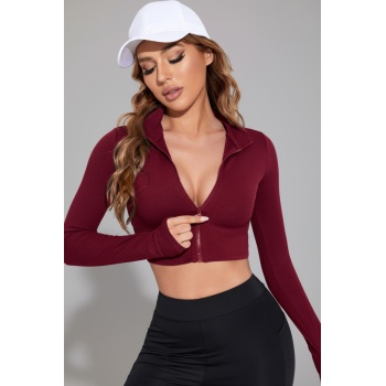 Kadın Bordo Uzun Kol Fermuarlı Parmak Geçme Detaylı Dik Yaka Crop Top Bluz