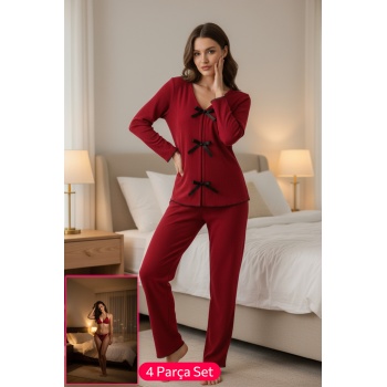 Kadın Bordo Fiyonklu İç Çamaşırı ve Uzun Kollu V Yaka Pijama Takımı 4lü Set