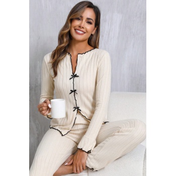 Kadın Ekru Fitilli Şık Pijama Takımı – Fiyonk Detaylı Rahat Ev Giyim Seti