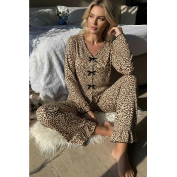 Kadın Uzun Kollu Leopar Desenli Fiyonklu Ev Giyim Pijama Takımı