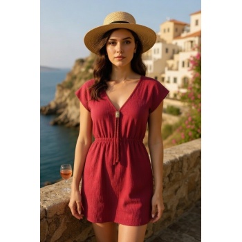 Kadın Bordo Yanları Yırtmaçlı Tokalı V Yaka Mini Plaj Elbisesi