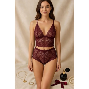 Kadın Bordo Dantel Bralet Şort Takımı – Asil ve Sofistike İç Giyim