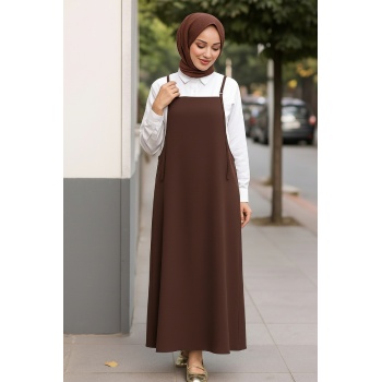 Kadın Acı Kahverengi Basic Ayarlanabilir Askılı Jile Elbise