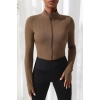 Kadın Kahverengi Uzun Kol Fermuarlı Parmak Geçme Detaylı Dik Yaka Crop Top Bluz