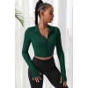 Kadın Yeşil Uzun Kol Fermuarlı Parmak Geçme Detaylı Dik Yaka Crop Top Bluz