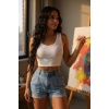 Kadın Beyaz Kare Yaka Crop Top Bluz