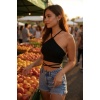 Kadın Siyah Sırtı Açık Boyundan Çapraz Bağlamalı Crop Top Bluz