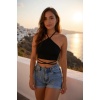 Kadın Siyah Sırtı Açık Boyundan Çapraz Bağlamalı Crop Top Bluz