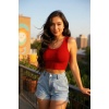Kadın Kırmızı Kare Yaka Crop Top Bluz