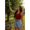 Kadın Kırmızı Kare Yaka Crop Top Bluz