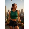 Kadın Yeşil Kare Yaka Crop Top Bluz