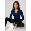Kadın Lacivert Uzun Kol Fermuarlı Parmak Geçme Detaylı Dik Yaka Crop Top Bluz