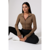 Kadın Kahverengi Uzun Kol Fermuarlı Parmak Geçme Detaylı Dik Yaka Crop Top Bluz