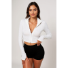Kadın Beyaz Uzun Kol Fermuarlı Parmak Geçme Detaylı Dik Yaka Crop Top Bluz