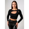 Kadın Siyah Göğüs Dekolteli Çapraz Askılı Uzun Kollu Crop Top Bluz