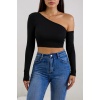 Kadın Siyah Tek Omuz Detaylı Uzun Kol Crop Top Bluz