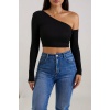 Kadın Siyah Tek Omuz Detaylı Uzun Kol Crop Top Bluz