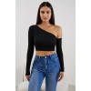 Kadın Siyah Tek Omuz Detaylı Uzun Kol Crop Top Bluz