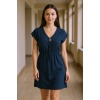 Kadın Lacivert Yanları Yırtmaçlı Tokalı V Yaka Mini Plaj Elbisesi
