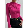 Kadın Fuşya Belden ve Boyundan Büzgü Detaylı Uzun Kollu Bluz